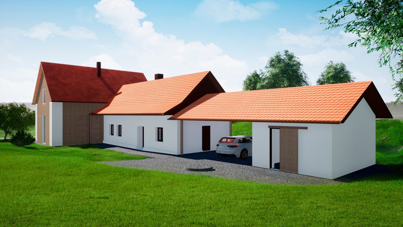 Pohled na budovu od severovýchodu ve fázi dokumentace pro stavební povolení. Vizualizace z BIM modelu pro virtuální realitu.