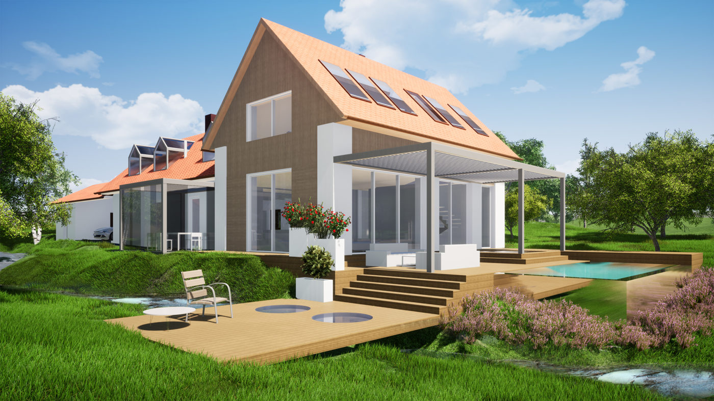 Pohled na budovu od jihozápadu ve fázi dokumentace pro stavební povolení. Vizualizace z BIM modelu pro virtuální realitu.